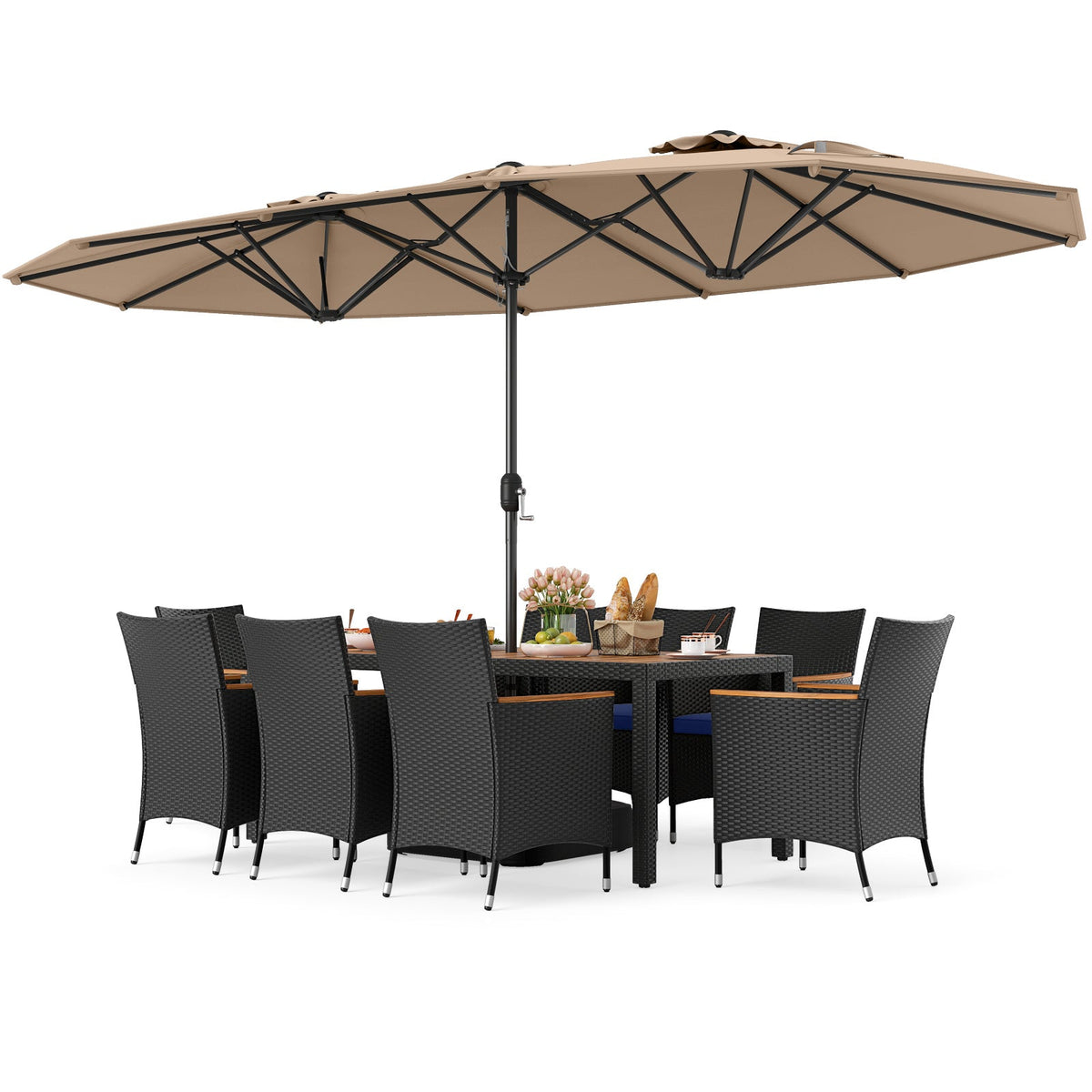 10 Piece Outdoor Patio Dining Set with 15 Feet Double-Sided Twin Umbrella