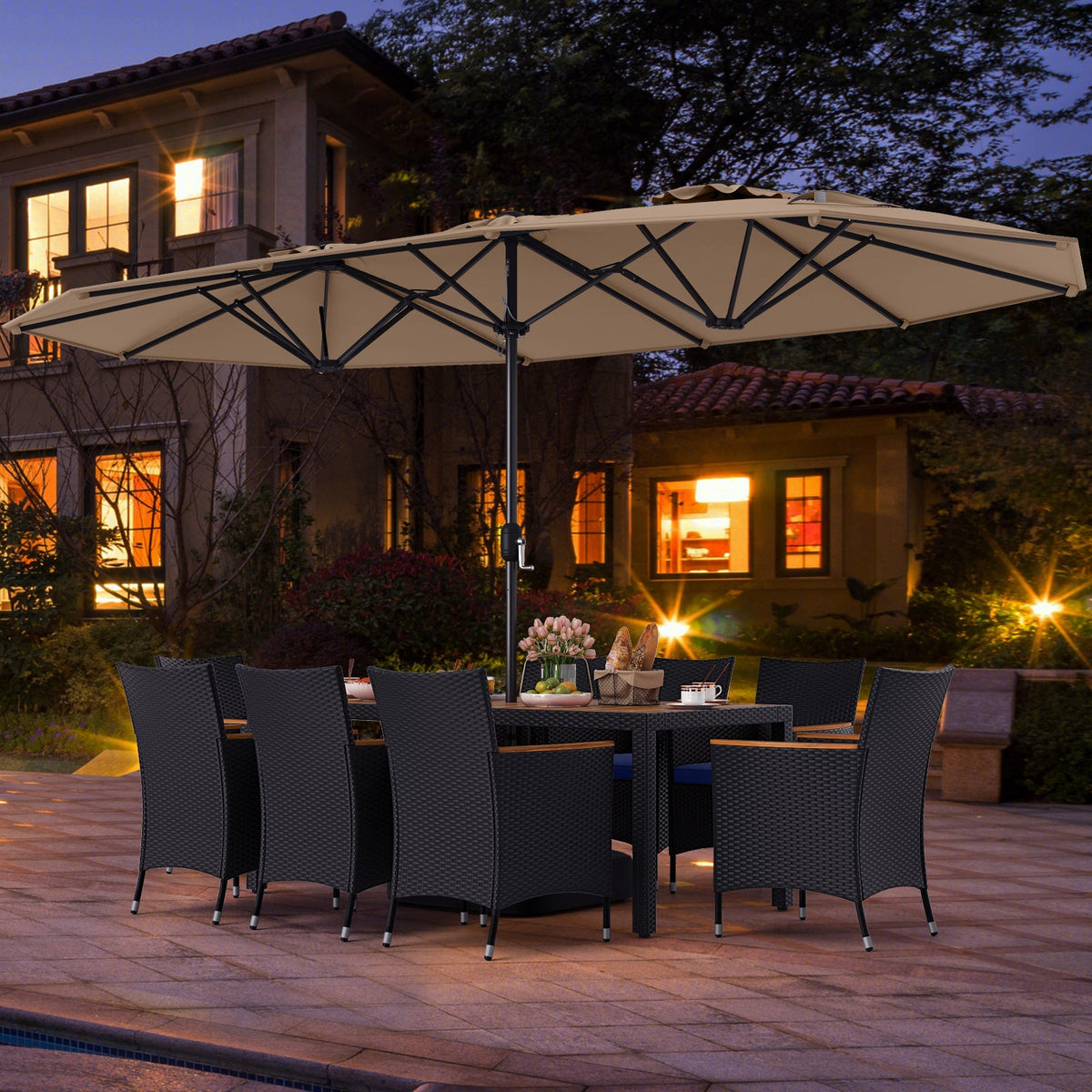 10 Piece Outdoor Patio Dining Set with 15 Feet Double-Sided Twin Umbrella