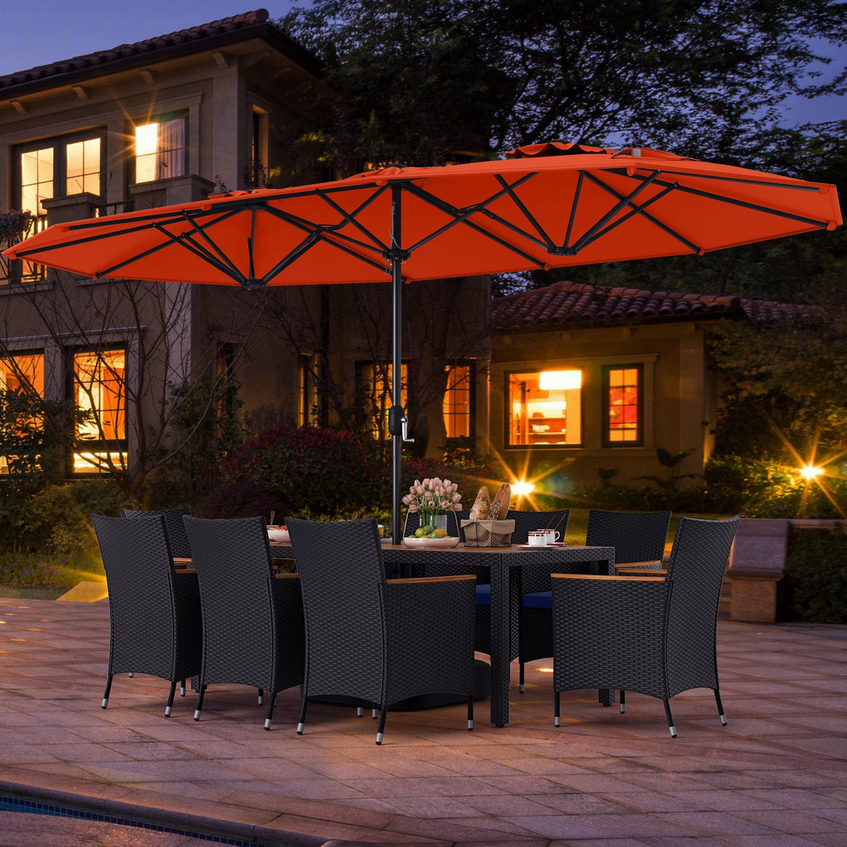 10 Piece Outdoor Patio Dining Set with 15 Feet Double-Sided Twin Umbrella