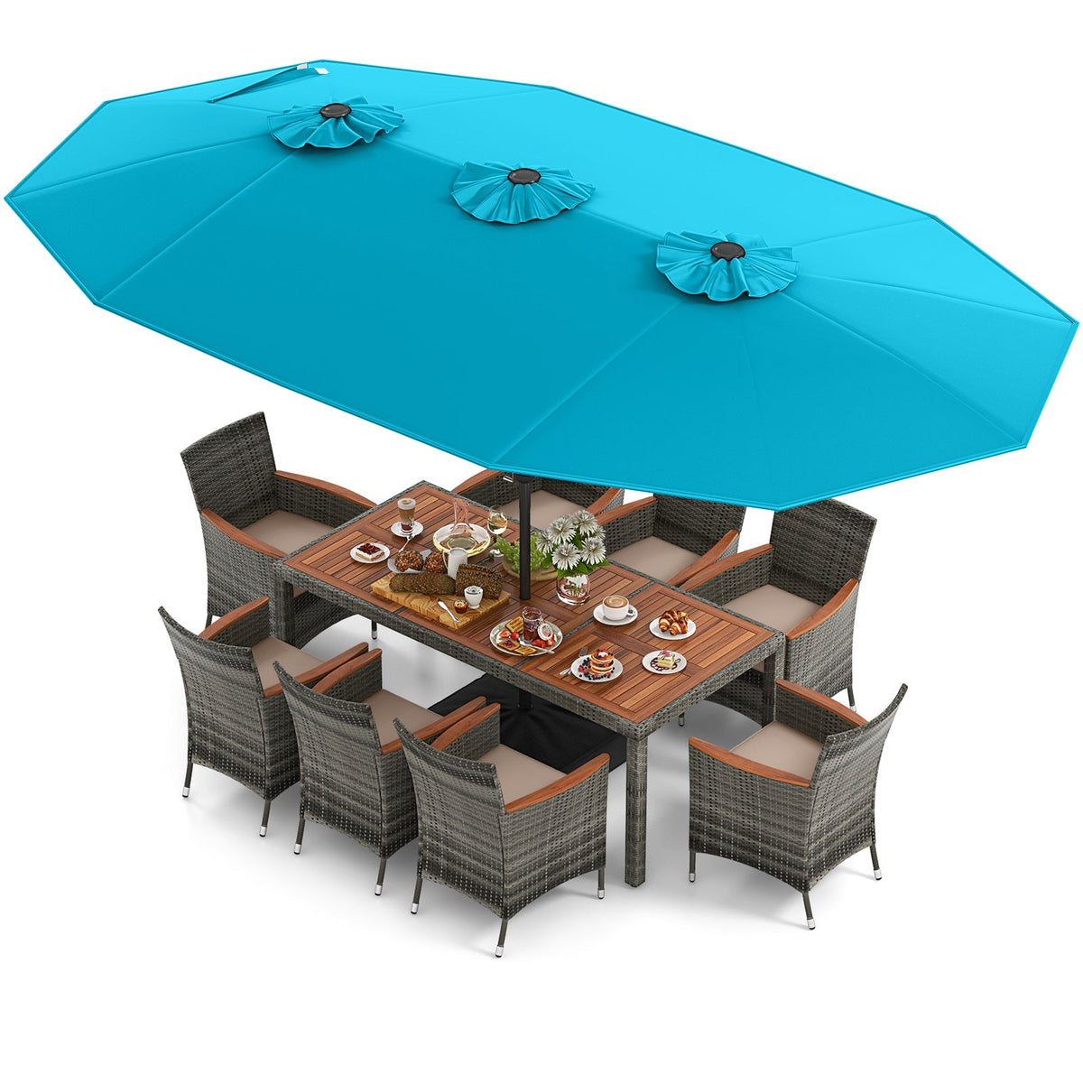 10 Pieces Patio Wicker Dining Set with 15 Feet Double-Sided Patio Umbrella