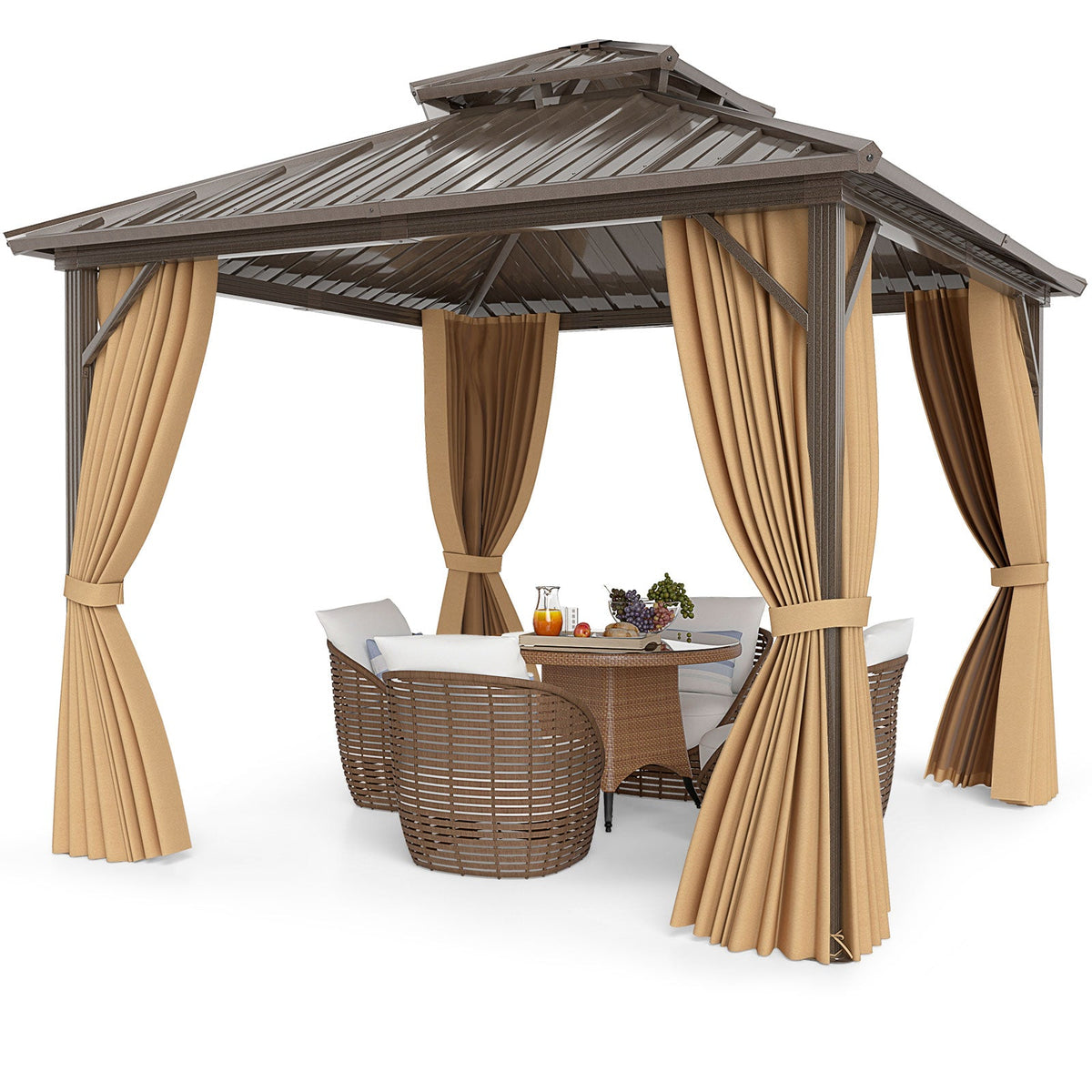 10 X 10 Feet Hardtop Gazebo with Netting and Curtain for Patio Backyard-Coffee