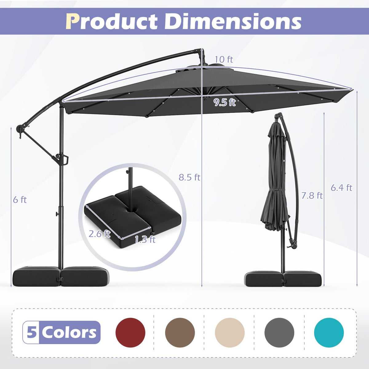 10 Feet Solar Offset Hanging Umbrella with Base and 32 LED Lights-Gray