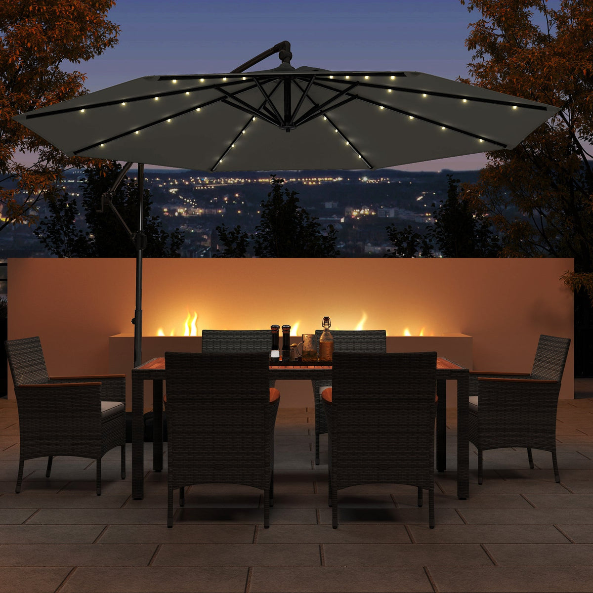 10 Feet Solar Offset Hanging Umbrella with Base and 32 LED Lights-Gray