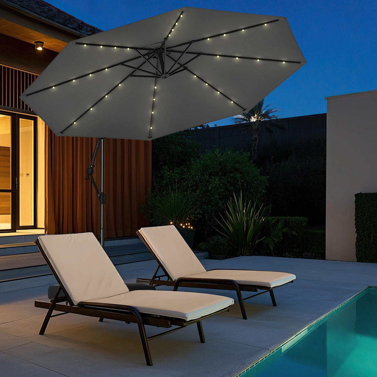 10 Feet Solar Offset Hanging Umbrella with Base and 32 LED Lights-Gray