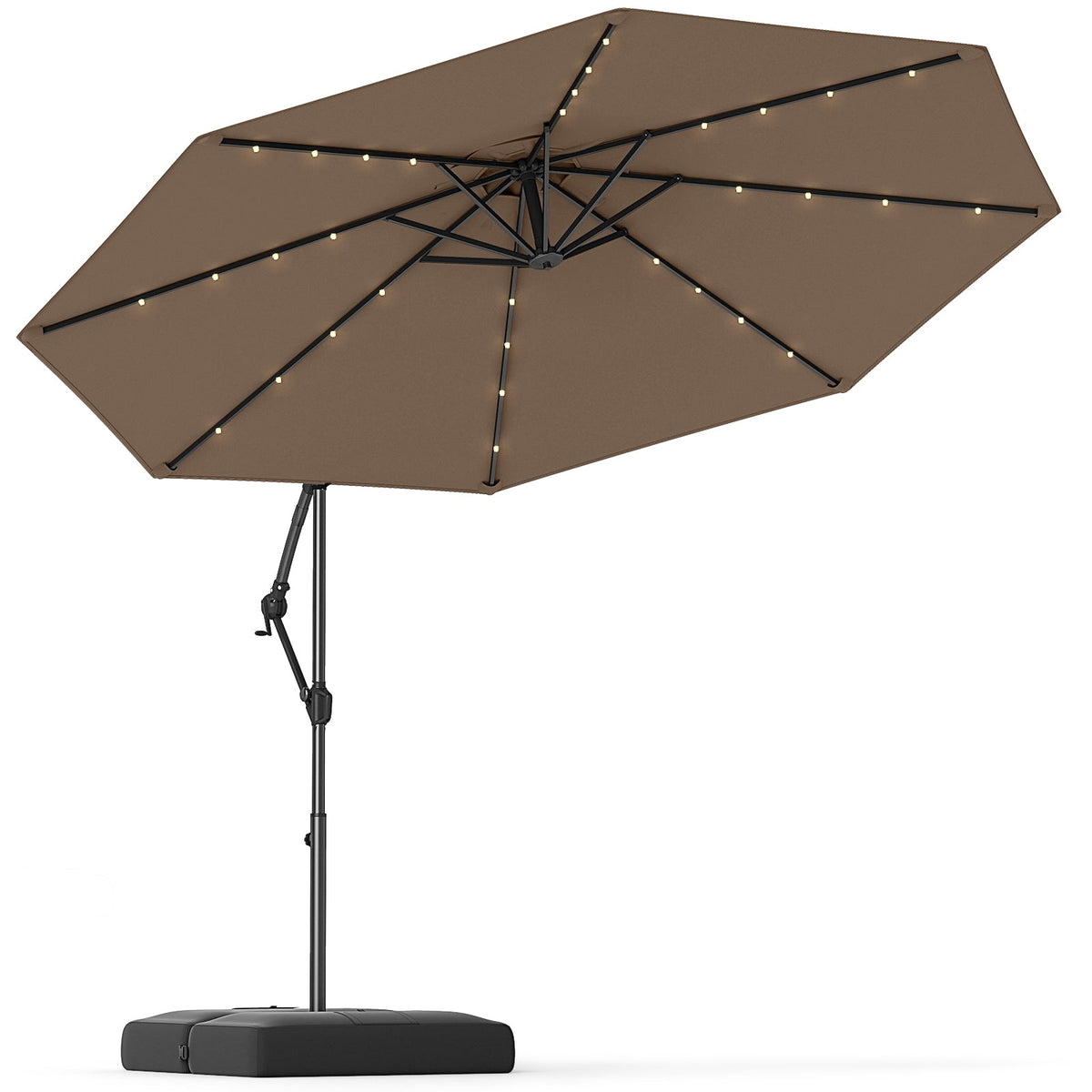 10 Feet Solar Offset Hanging Umbrella with Base and 32 LED Lights-Taupe
