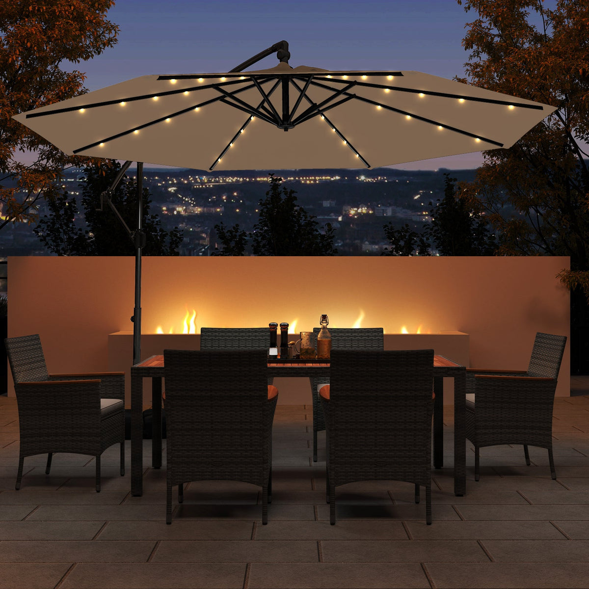 10 Feet Solar Offset Hanging Umbrella with Base and 32 LED Lights-Taupe