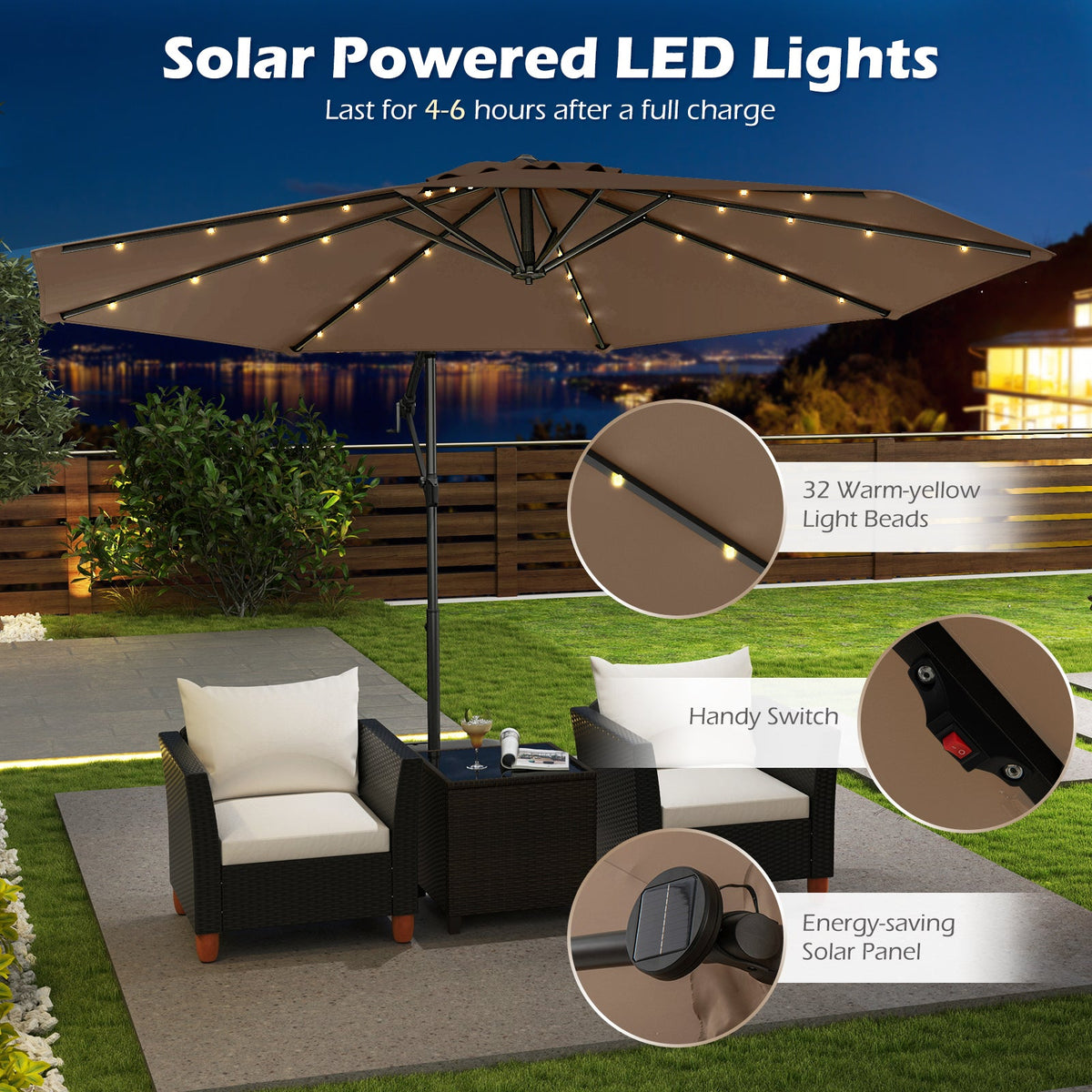 10 Feet Solar Offset Hanging Umbrella with Base and 32 LED Lights-Taupe