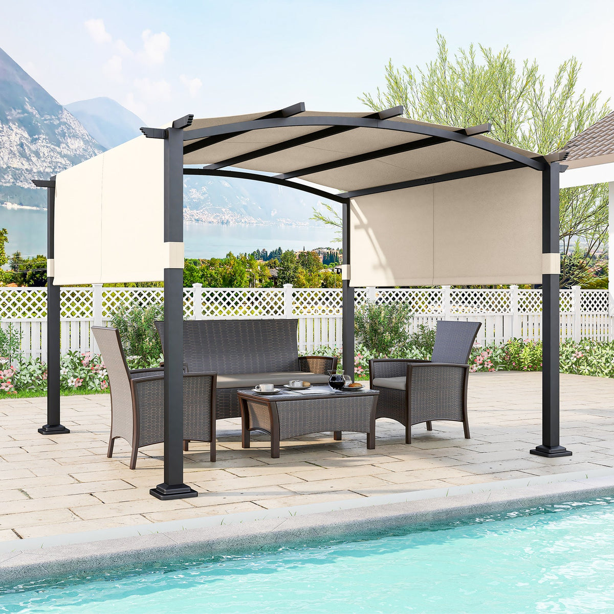 10 x 10 ft Outdoor Pergola Modern Arched Patio Garden Shelter with Retractable Sunshade Canopy