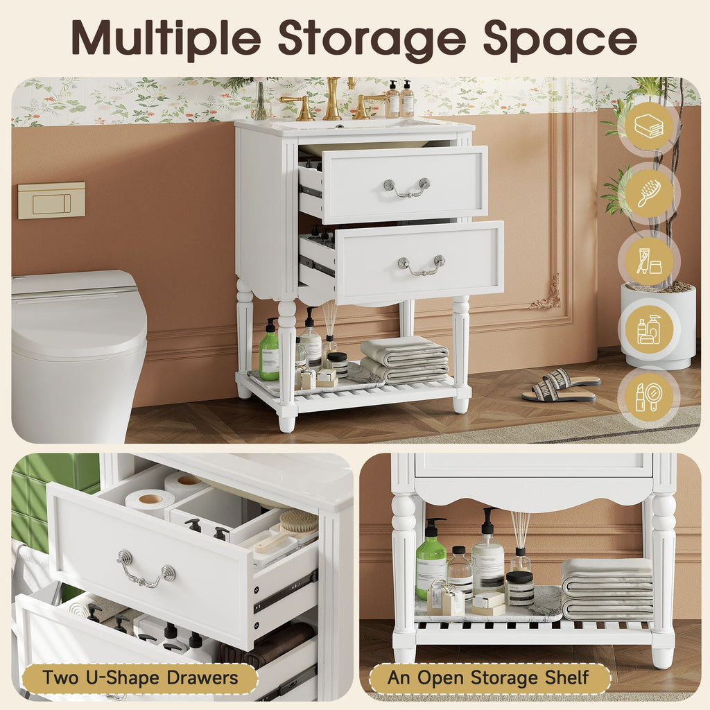 Wave Design Bathroom Vanity With Sink, 2 Drawers And Open Shelf