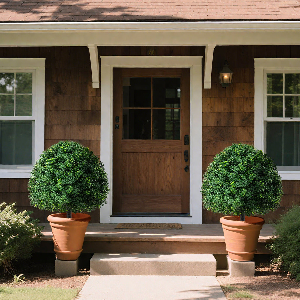 28 Inches Artificial Boxwood Topiary Ball Tree Set of 2 with Ground Spike-Green
