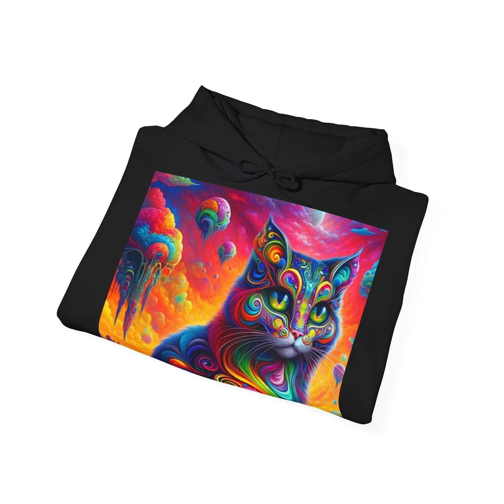 Psychedelic Cat in Surreal Landscape Hoodie SweatShirt: A Fusion of Fantasy and Feline Charm