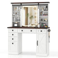 Farmhouse Vanity Desk with Barn-Style Sliding Mirror and 3 Lighting Modes-White