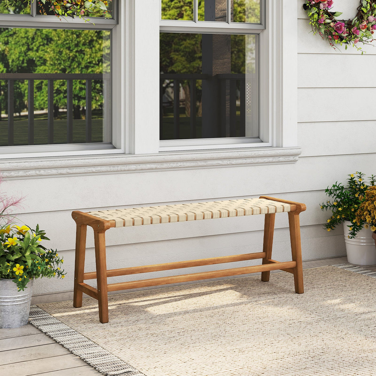47 Inches Long Teak Wood Patio Bench with Weave Seat and Solid Wood Legs-Natural