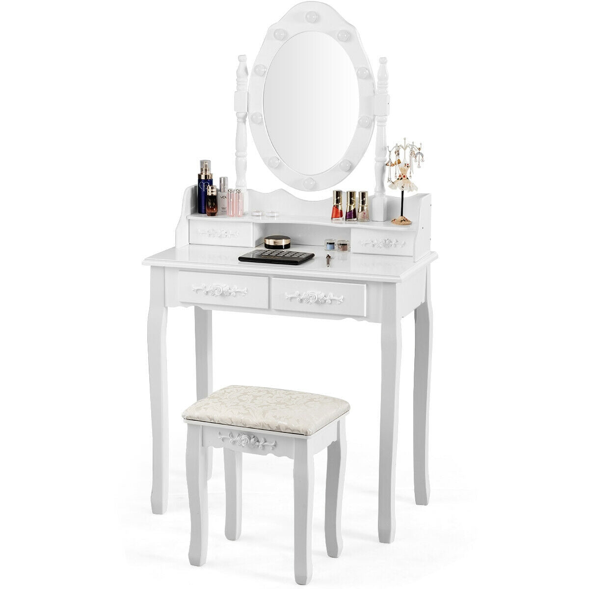 Makeup Vanity Dressing Table Set with Dimmable Bulbs Cushioned Stool