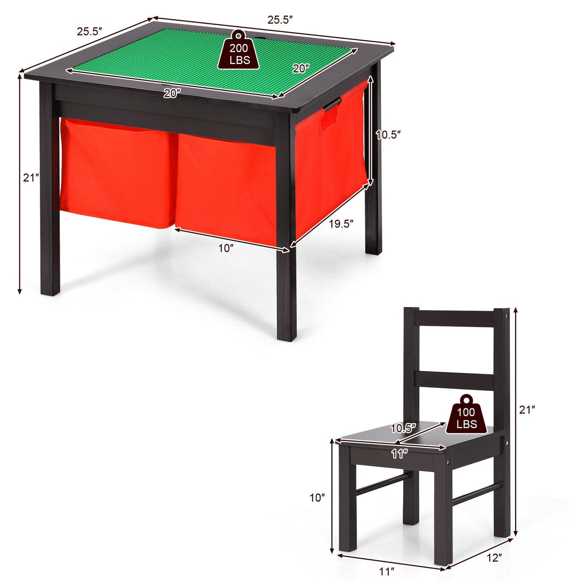 2-in-1 Kids Activity Table and 2 Chairs Set with Storage Building Block Table