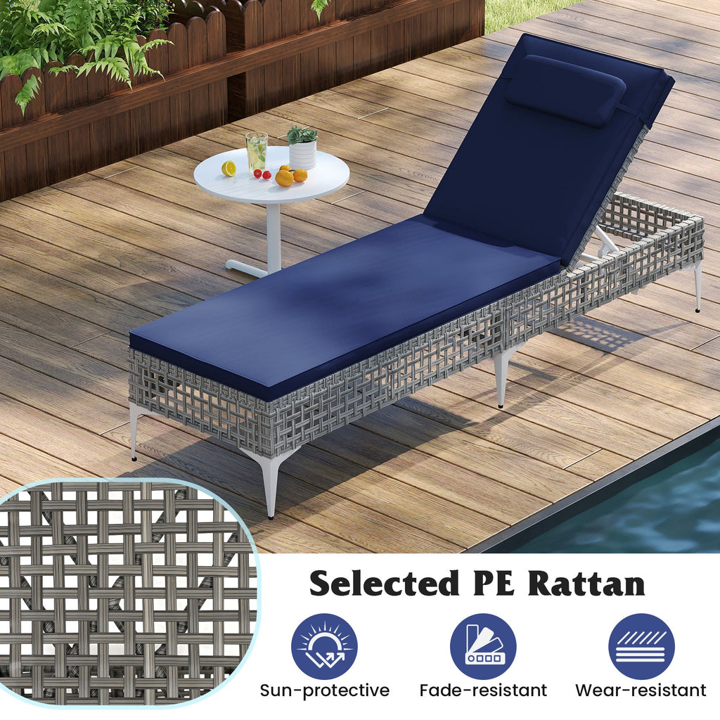 2 Pieces Patio Chaise Lounge Chair with 6-Level Adjustable Backrest and Headrest for Poolside-Navy