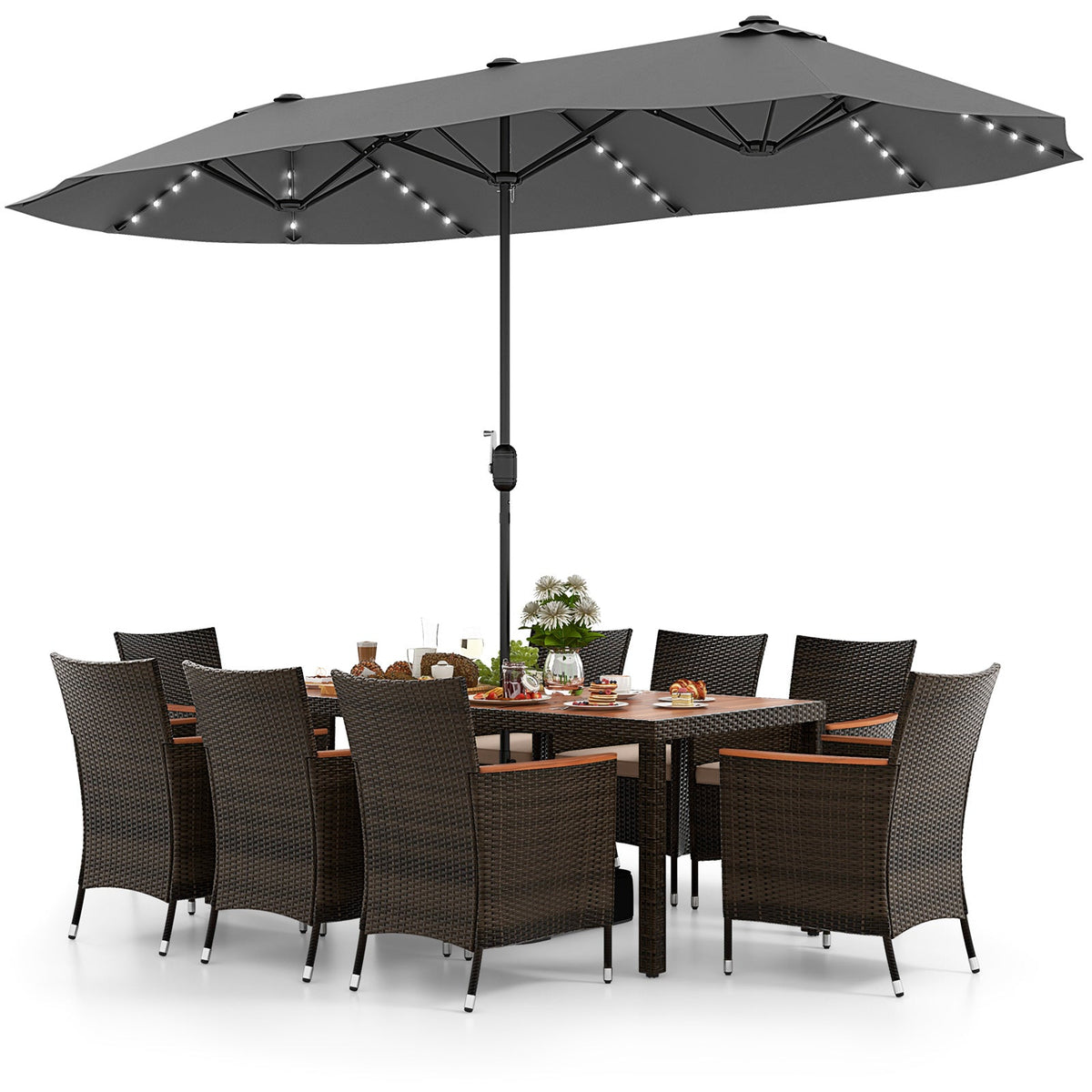 11 Pieces Patio Dining Set with 15 Feet Double-Sided Patio Umbrella and Base