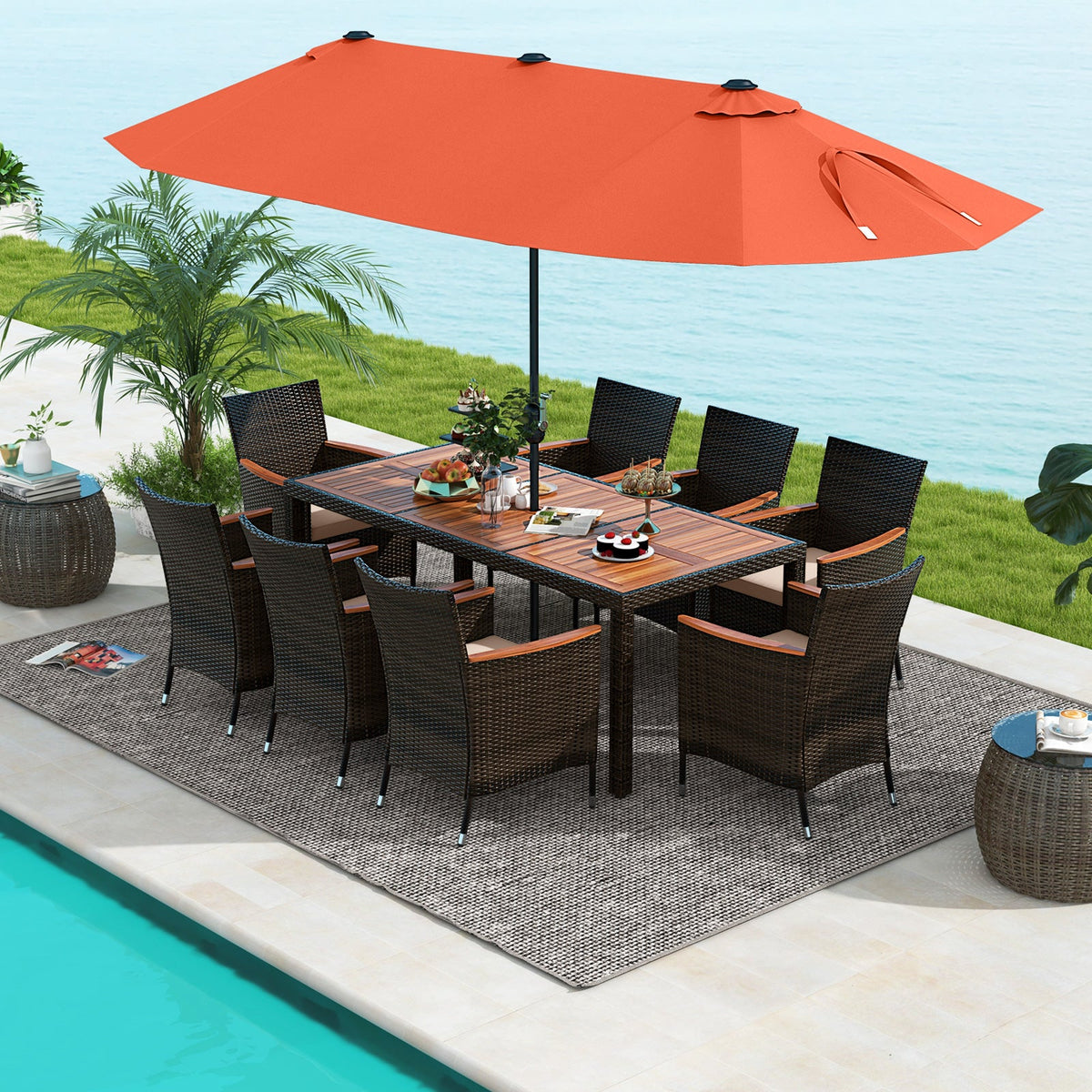 11 Pieces Patio Dining Set with 15 Feet Double-Sided Patio Umbrella and Base