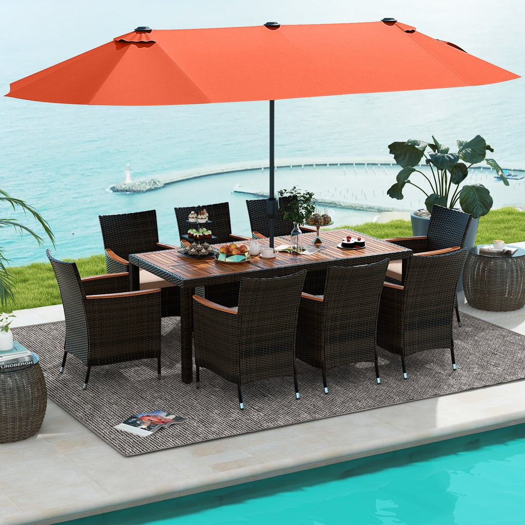 11 Pieces Patio Dining Set with 15 Feet Double-Sided Patio Umbrella and Base