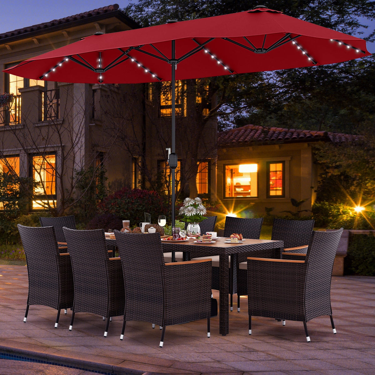 11 Pieces Patio Dining Set with 15 Feet Double-Sided Patio Umbrella and Base