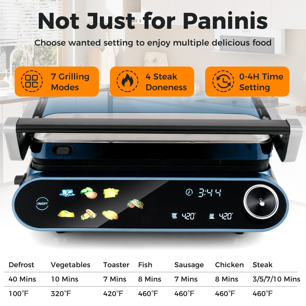 1200W Panini Press Grill with LED Display and 7 Grilling Modes-Blue
