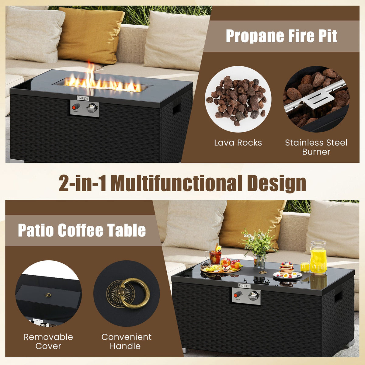 2-Piece Outdoor Rattan Fire Table Set 32 Inch Rectangle Gas Firepit with Tank Cover