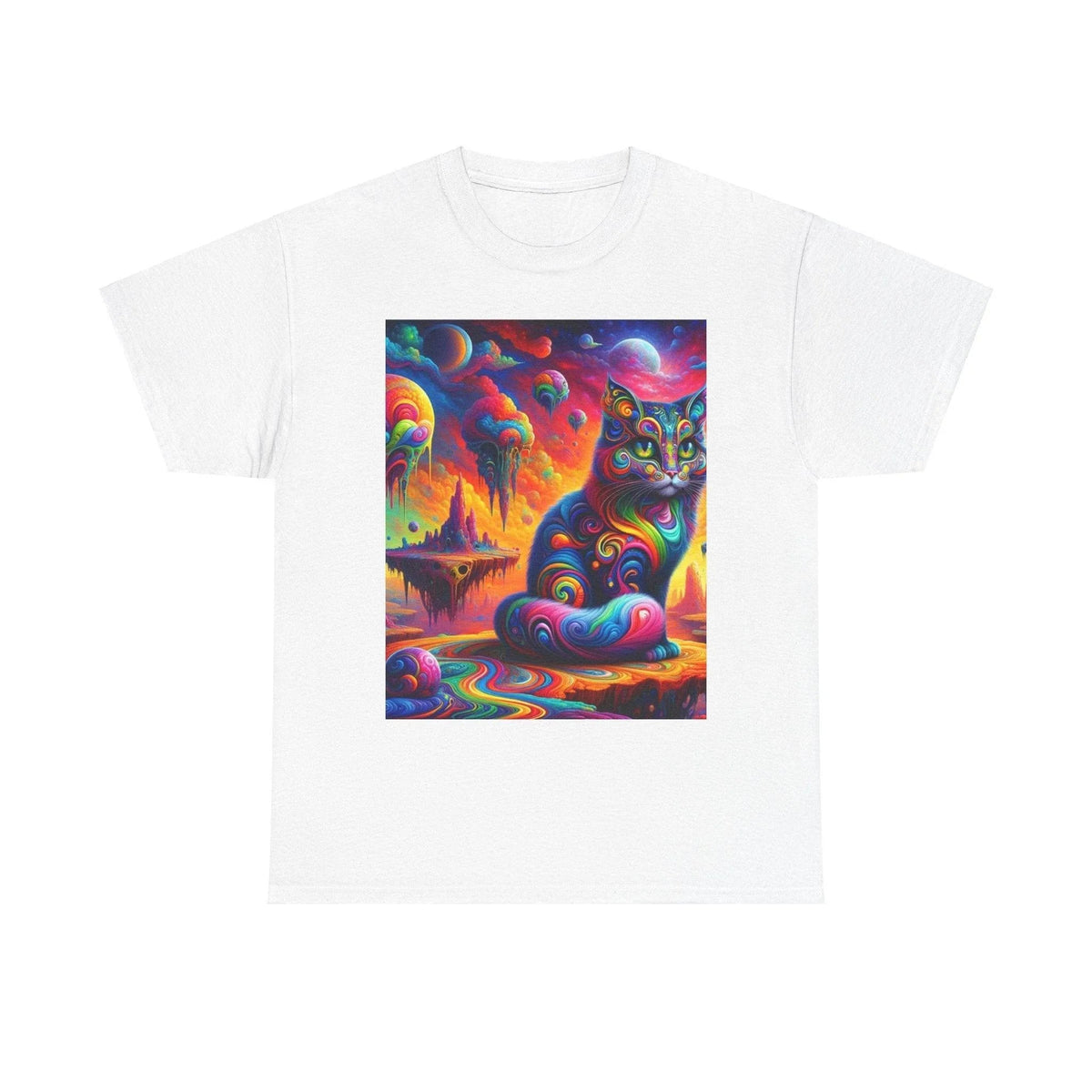 Psychedelic Cat in Surreal Landscape Shirt: A Fusion of Fantasy and Feline Charm