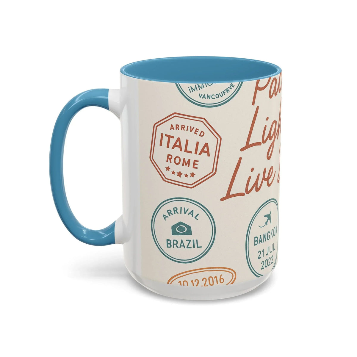 Pack Light, Live Big – Wanderlust Mug with Passport Stamp Collection