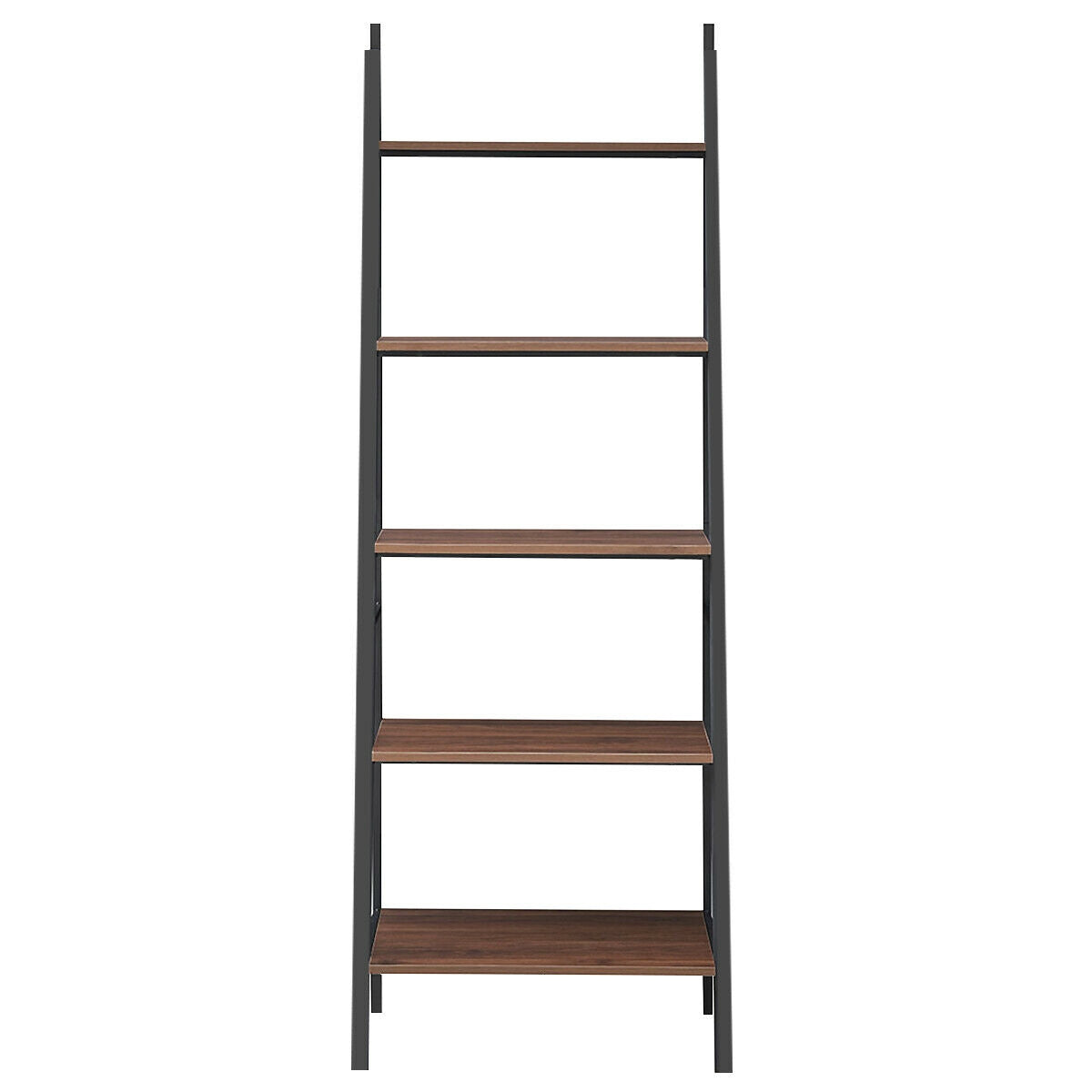 5 Tier Leaning Bookshelf Wood Metal Bookcase