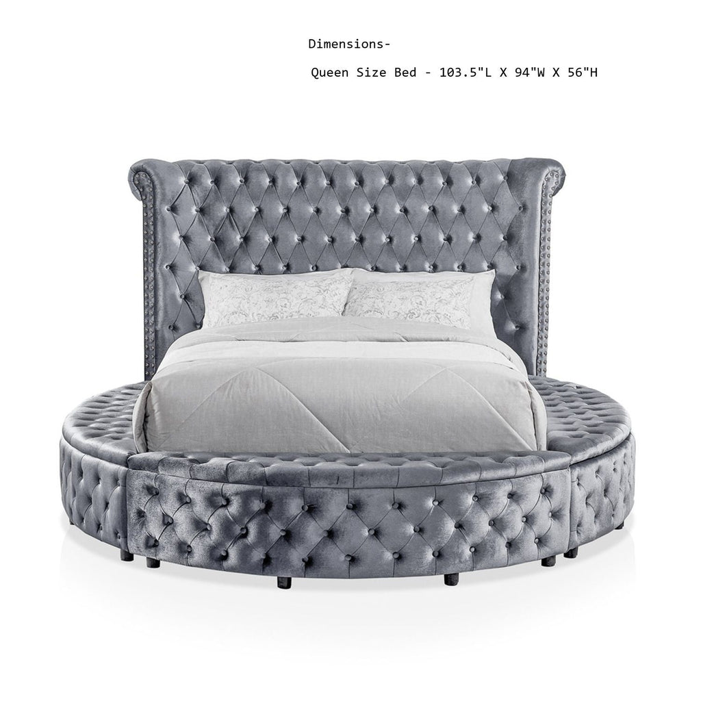 Glam Button Tufted Wingback Round Bed With Storage And USB Ports