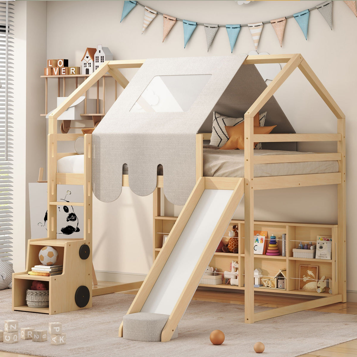 Loft Bed With House Shaped Frame And Tent