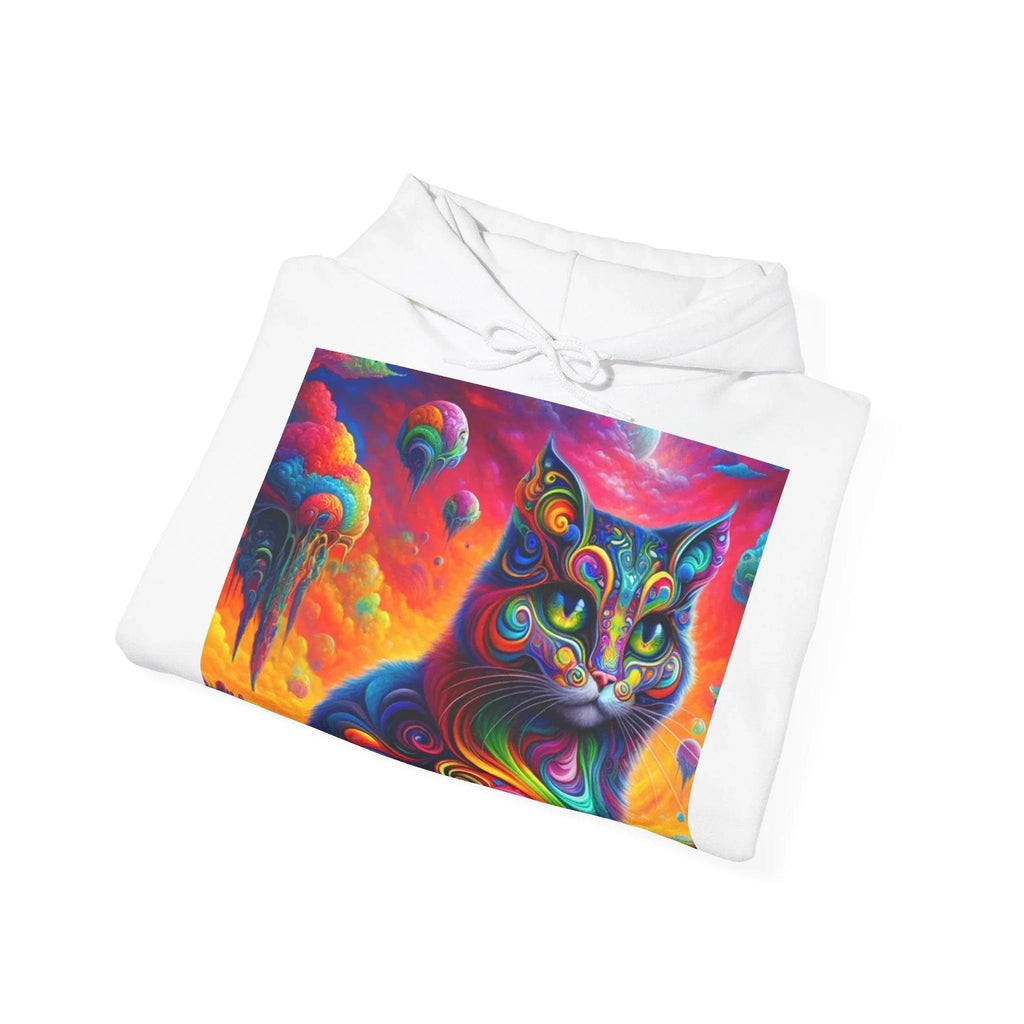 Psychedelic Cat in Surreal Landscape Hoodie SweatShirt: A Fusion of Fantasy and Feline Charm