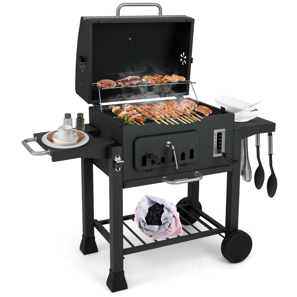 24-Inch Barrel Charcoal Grill with 2 Folding Side Tables and 544 sq.in Cooking Area