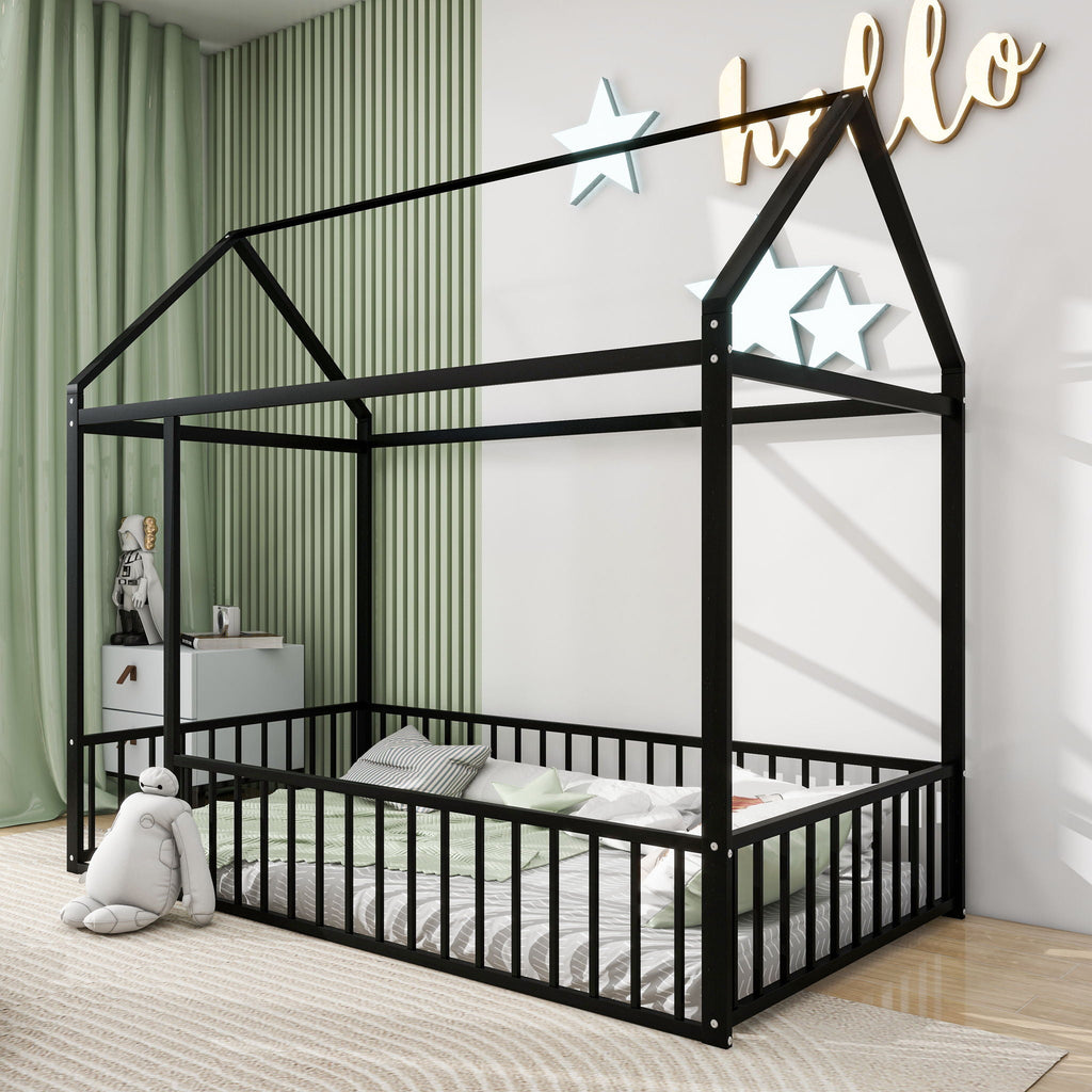 Metal Bed House Bed Frame With Fence