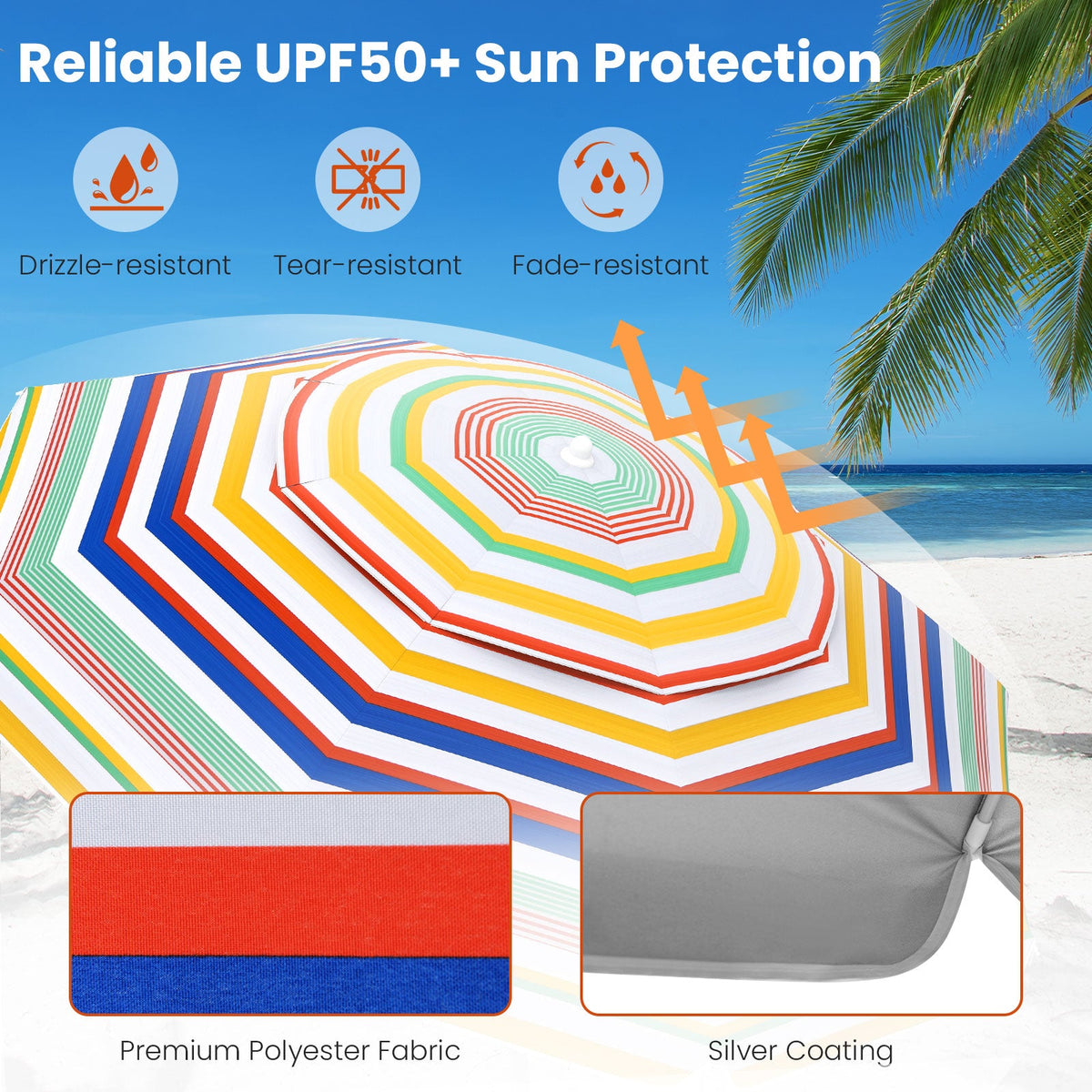 6.5 Feet Beach Umbrella with UPF50+ Sun Protection and Push Button Tilt-Colorful