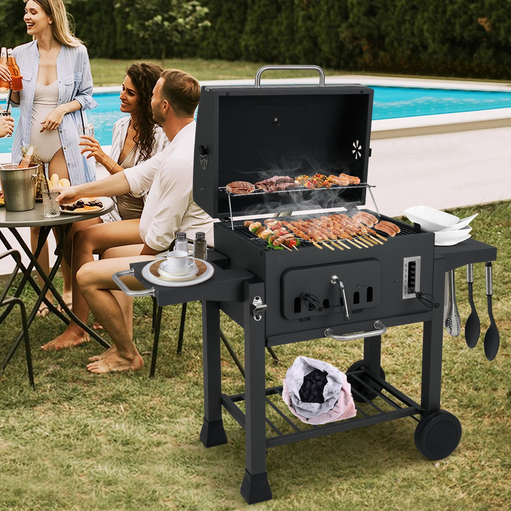 24-Inch Barrel Charcoal Grill with 2 Folding Side Tables and 544 sq.in Cooking Area