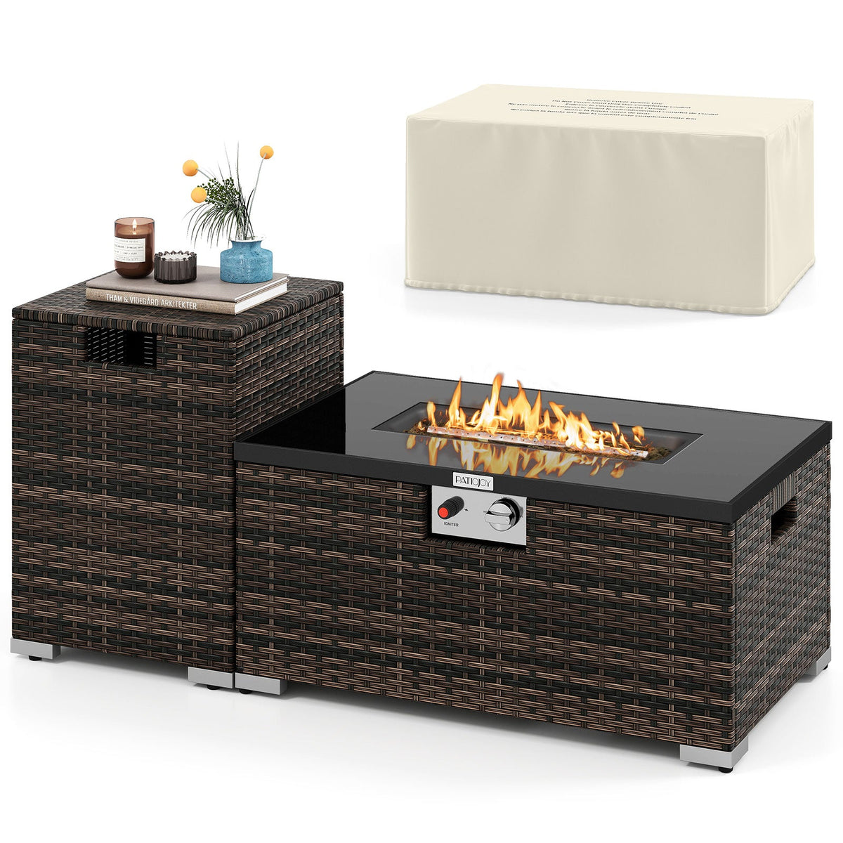 2-Piece Outdoor Rattan Fire Table Set 32 Inch Rectangle Gas Firepit with Tank Cover