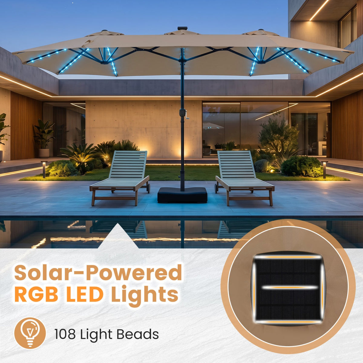 13 FT Double-Sided Patio Umbrella with 108 LED Lights & Base