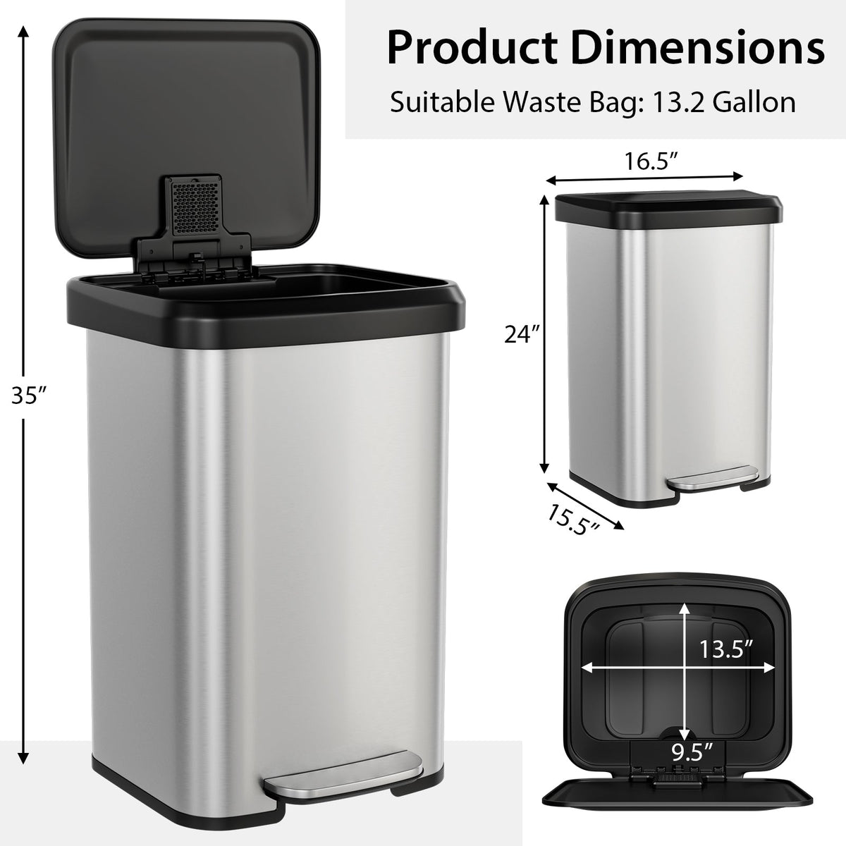13.2 Gallon Step Trash Can with Soft Close Lid and Deodorizer Compartment