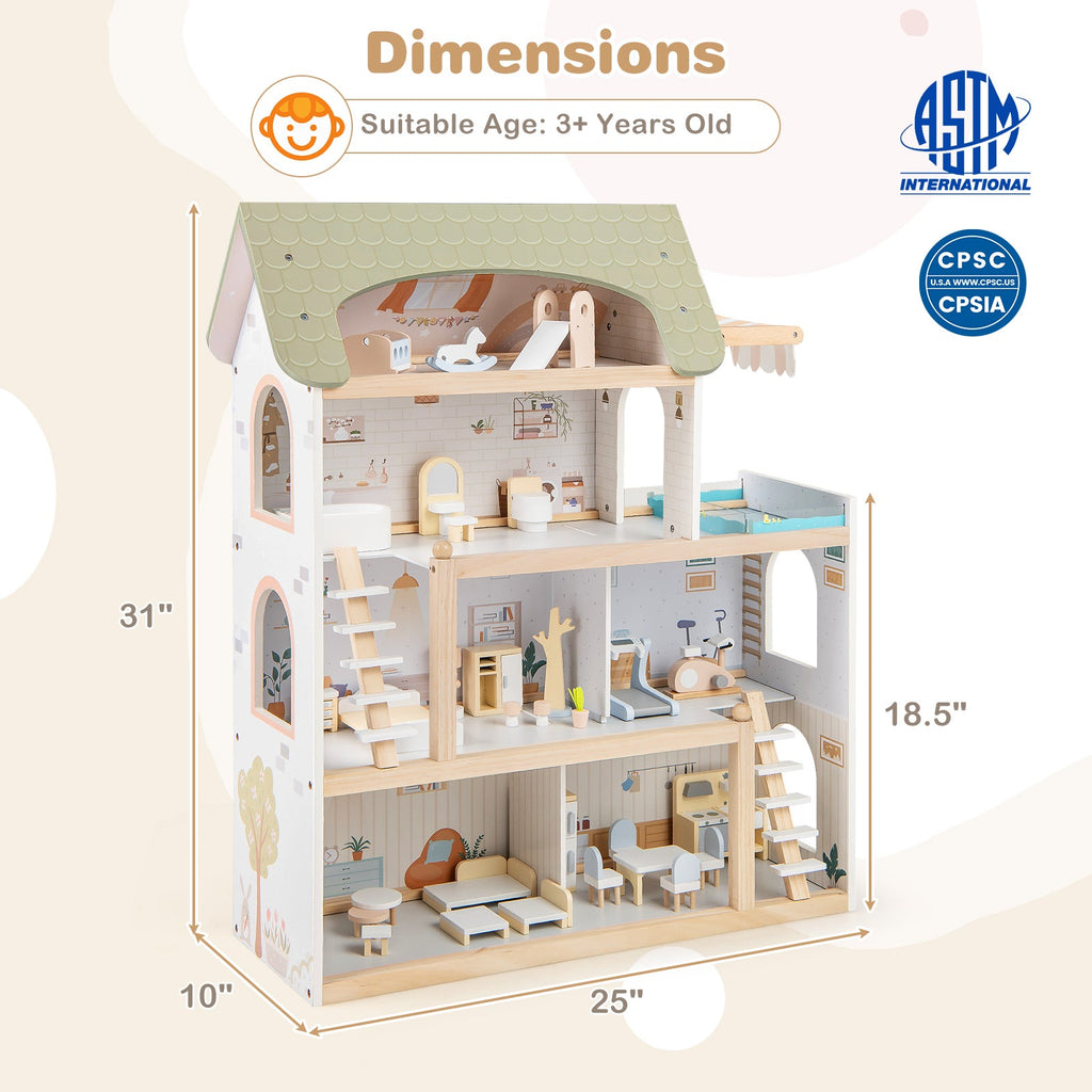 Wooden Dollhouse Kids DIY Pretend Playhouse with 33 PCS Furniture Accessories-Green