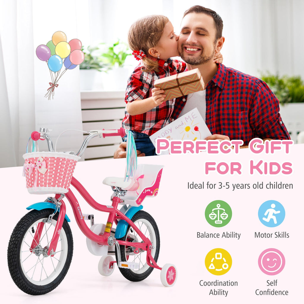 14 Inch Girls Bike with Doll Seat and Training Wheels