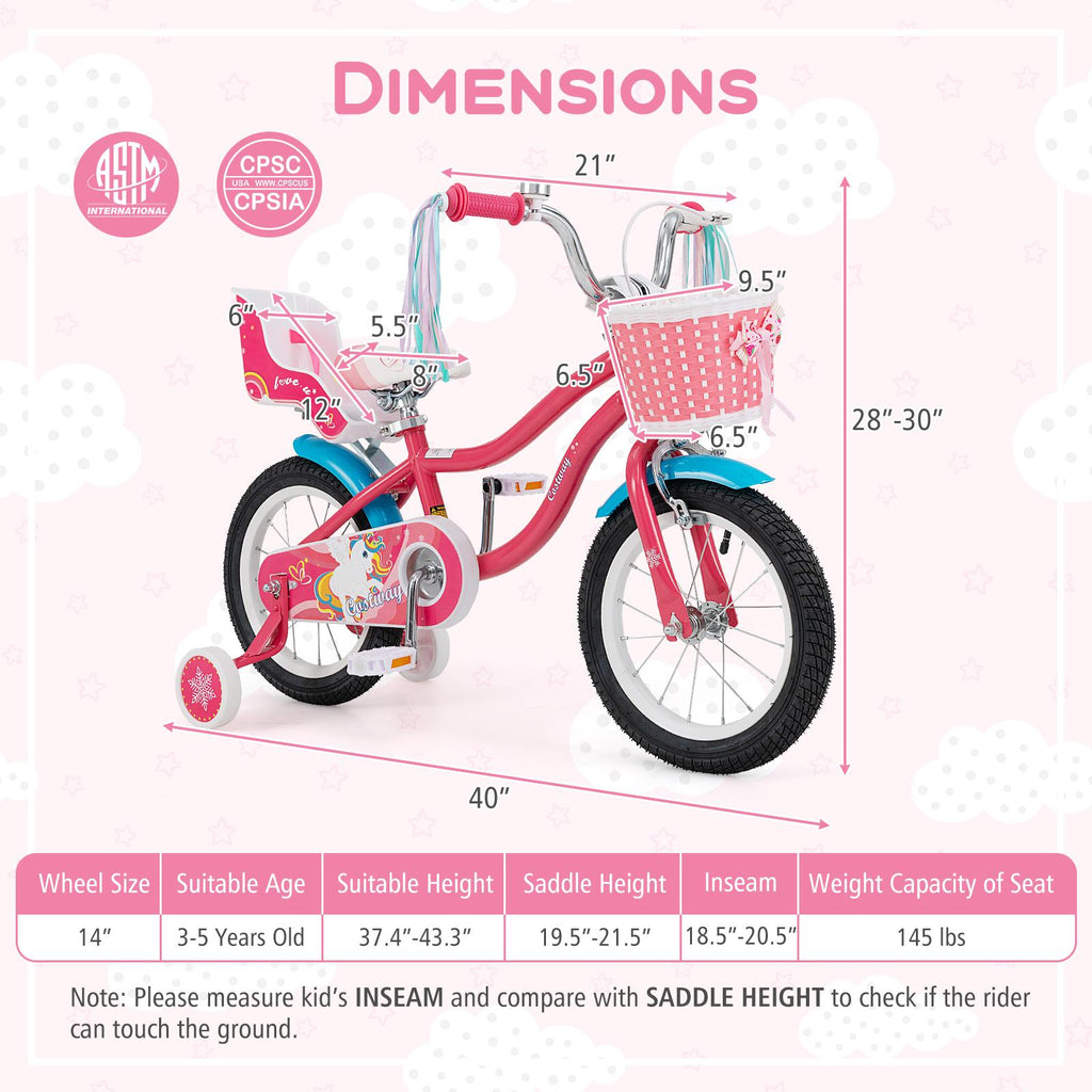 14 Inch Girls Bike with Doll Seat and Training Wheels