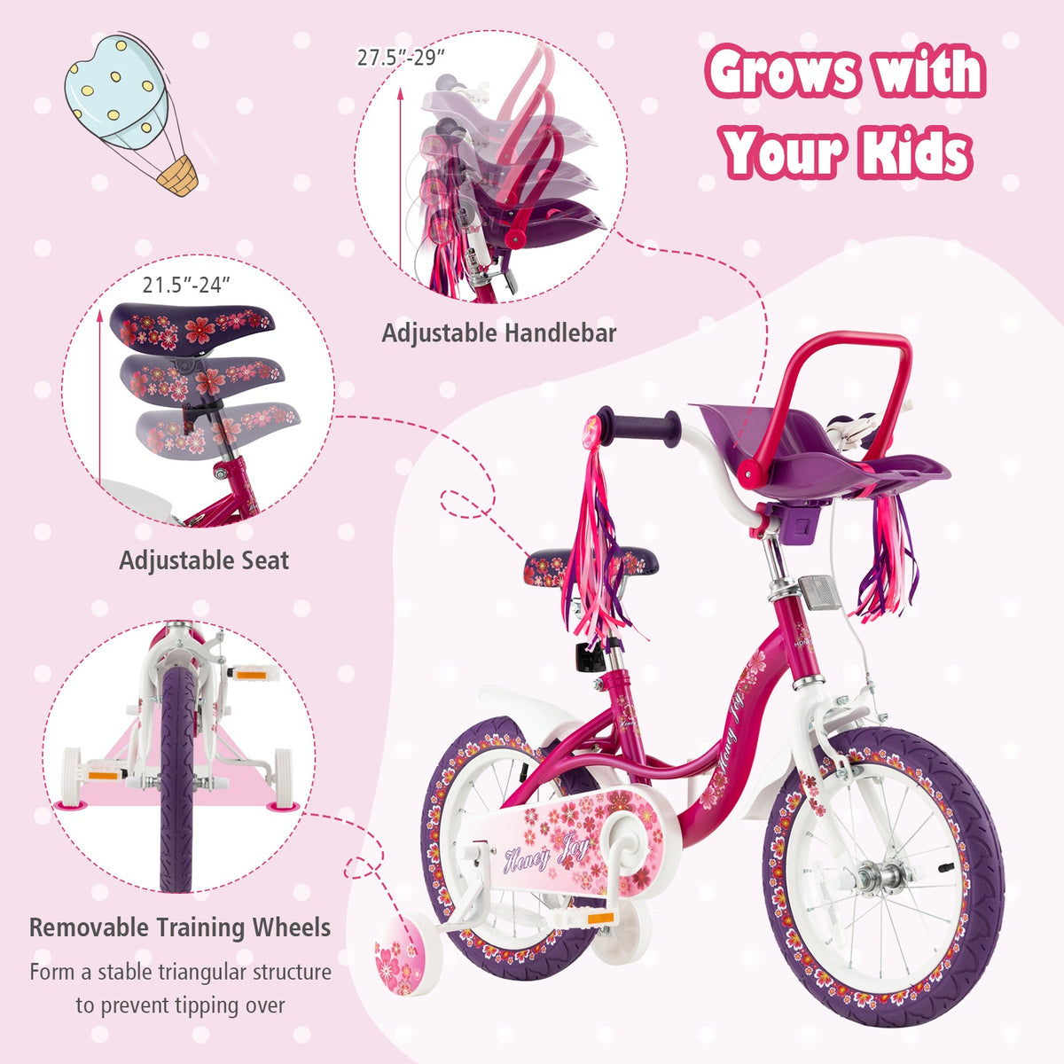 16 Inch Kids Bike with Doll Seat and Removable Training Wheels-16 inches