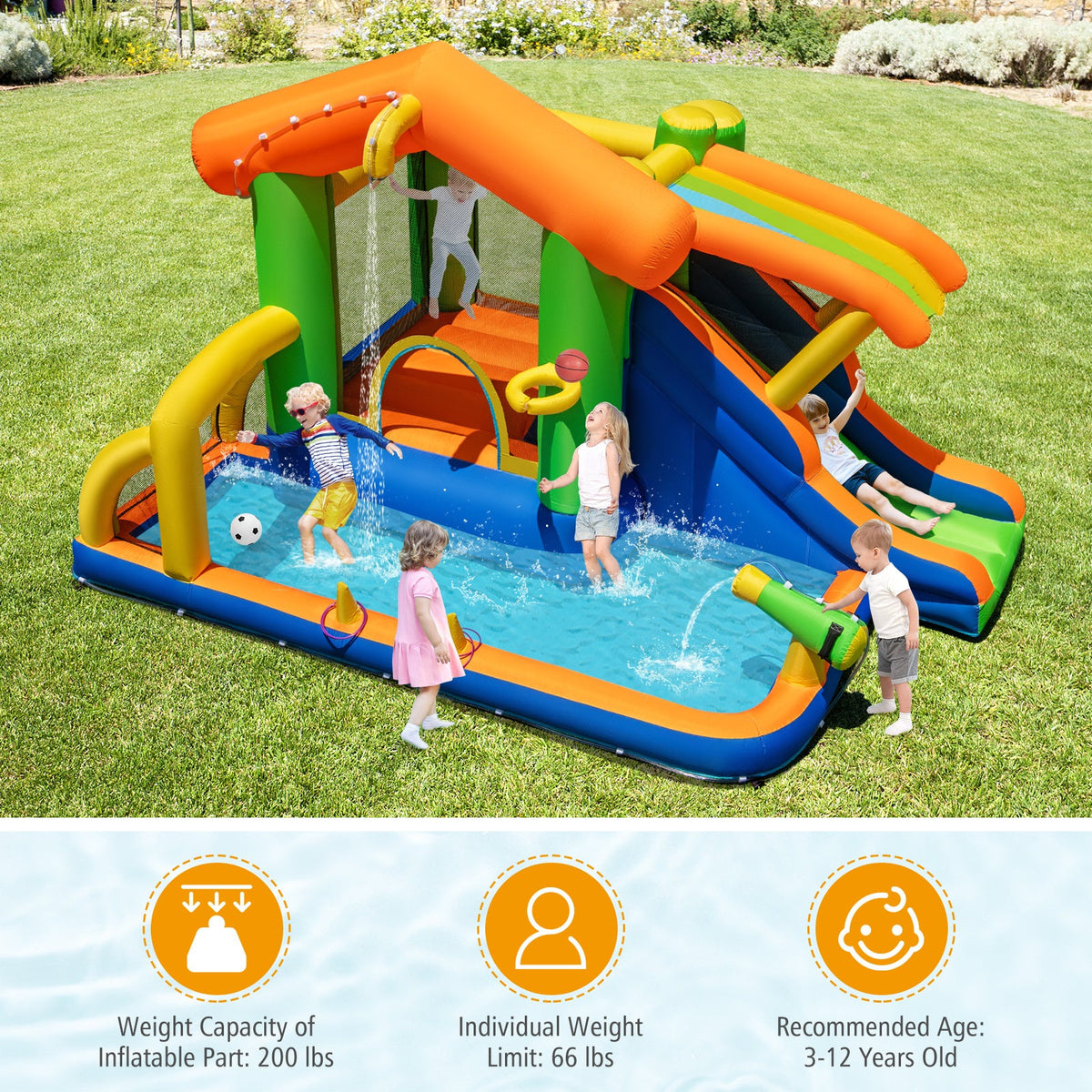 8-in-1 Jumping Castle with Slide and 480W Blower