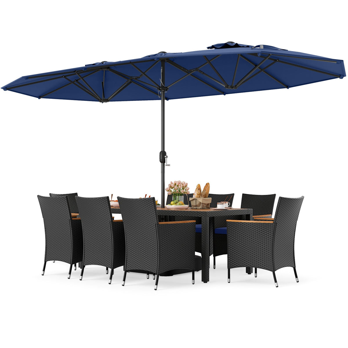 10 Piece Outdoor Patio Dining Set with 15 Feet Double-Sided Twin Umbrella