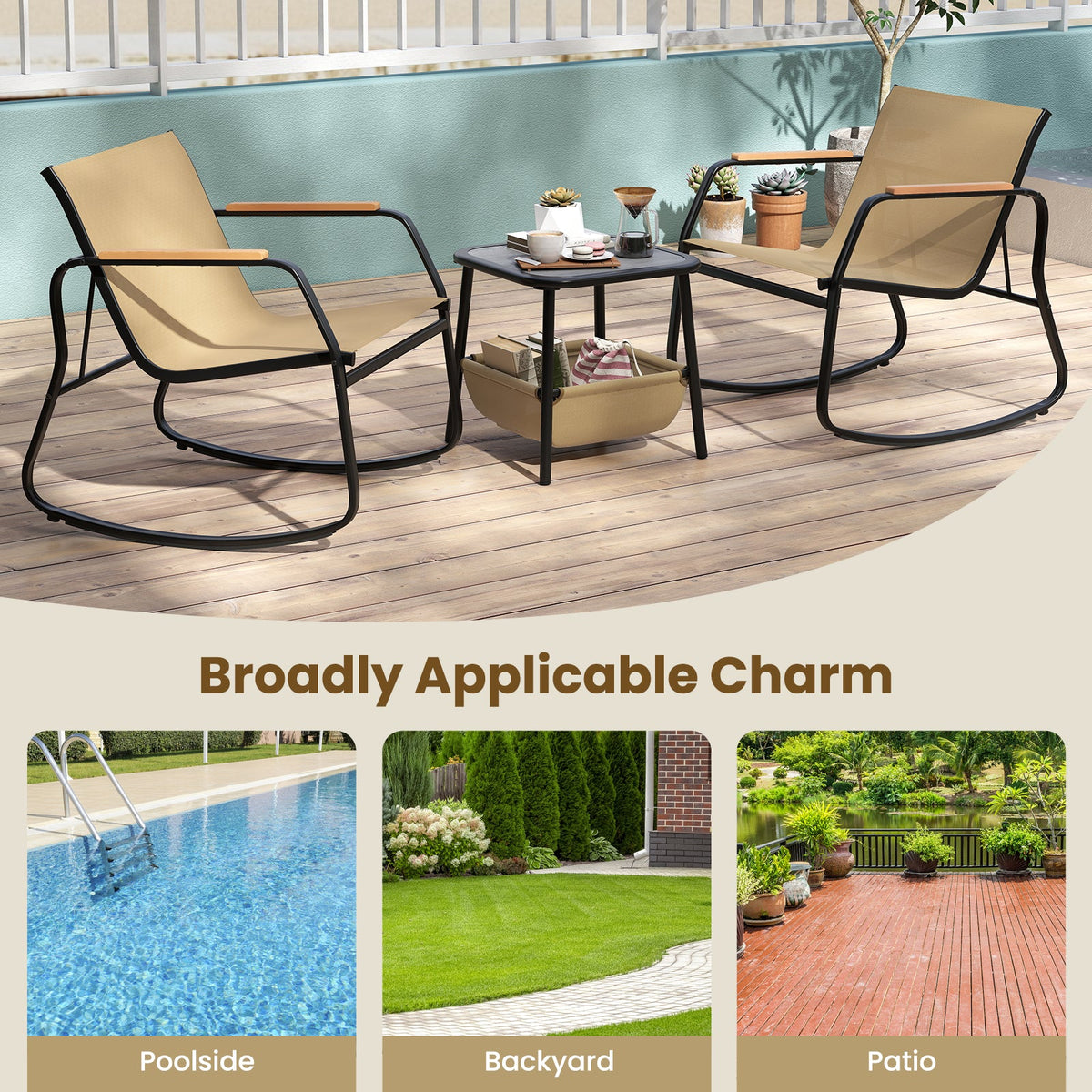 3 Piece Rocking Bistro Chairs and Side Table Set with Storage Bag-Brown