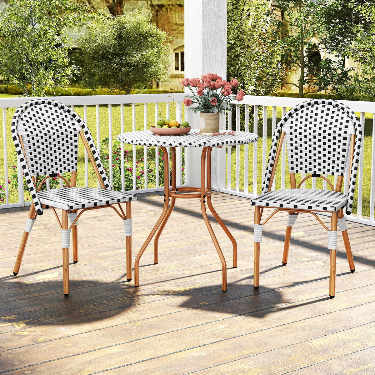 3 Piece French Bistro Table Chair Set with Outdoor Wicker Round Table and 2 Dining Chairs