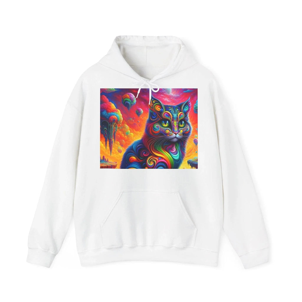 Psychedelic Cat in Surreal Landscape Hoodie SweatShirt: A Fusion of Fantasy and Feline Charm