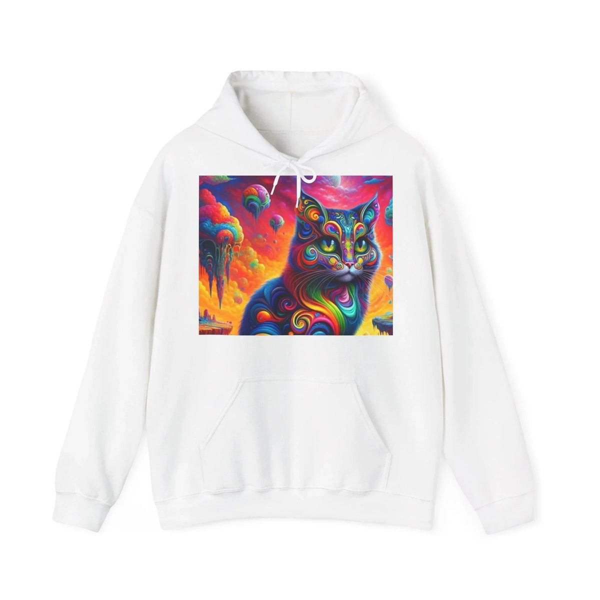 Psychedelic Cat in Surreal Landscape Hoodie SweatShirt: A Fusion of Fantasy and Feline Charm