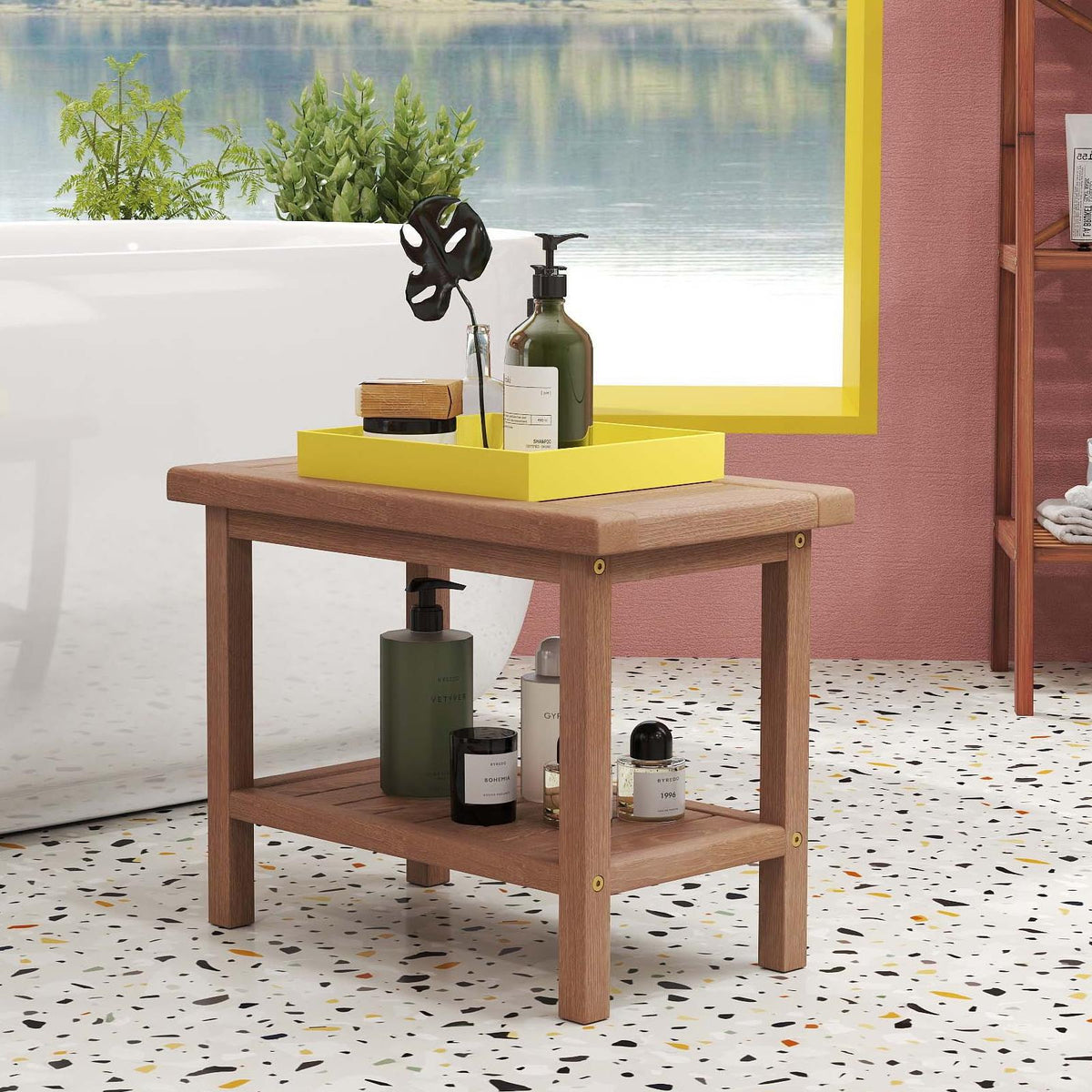 2-Piece Laundry Room Furniture Set: Teak Utility Bench + Bamboo Ladder Shelf